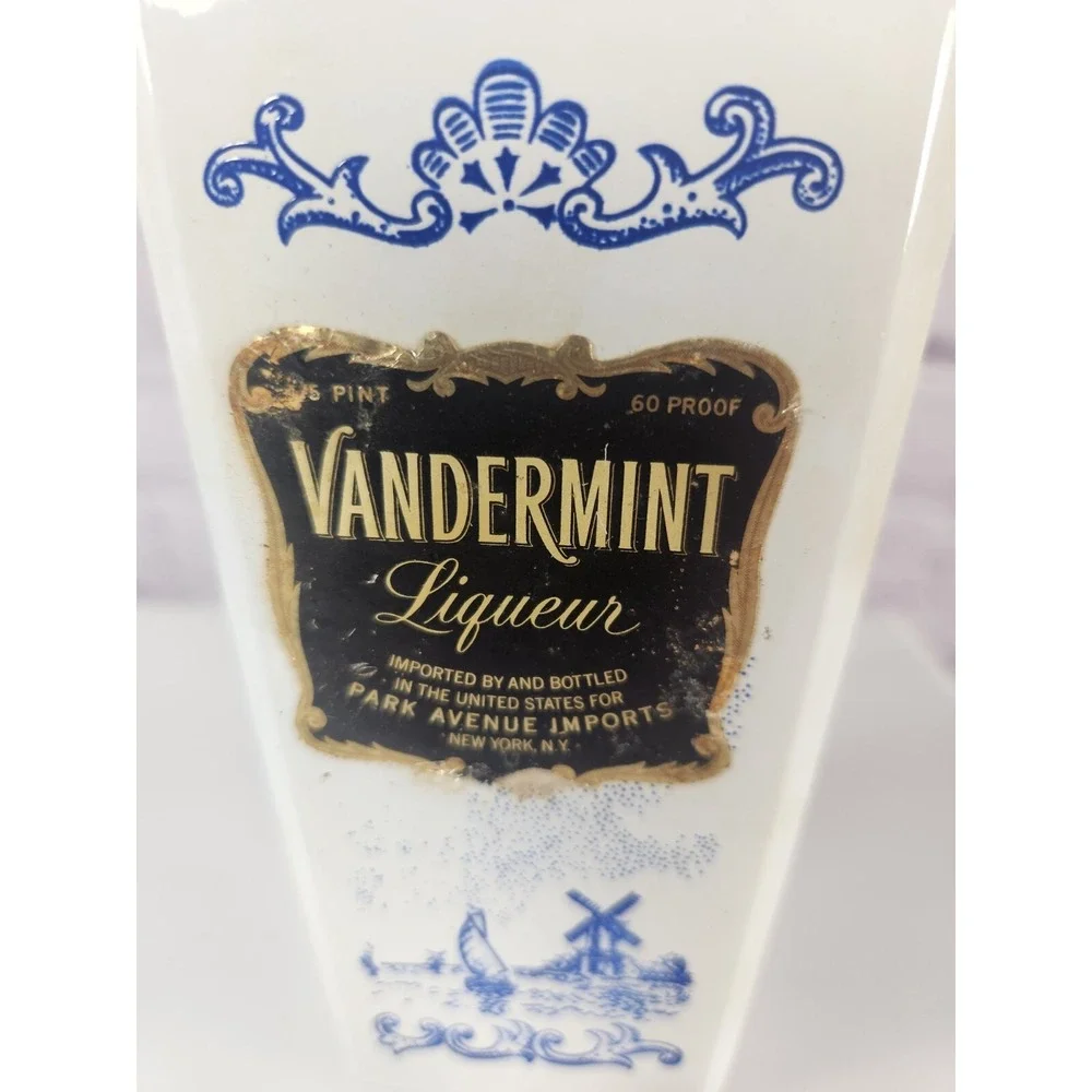 Vandermint Dutch Windmill Blue & White Liquor Bottle Tulip Cap Empty Vintage